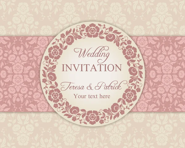 Baroque wedding invitation, pink and beige — Stock Vector