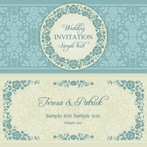 Baroque wedding invitation, blue and beige — Stock Vector