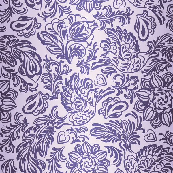 Patrón barroco con pájaros y flores, púrpura — Vector de stock