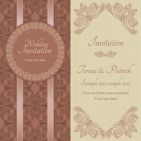 Invitación de boda barroca, marrón y beige — Vector de stock