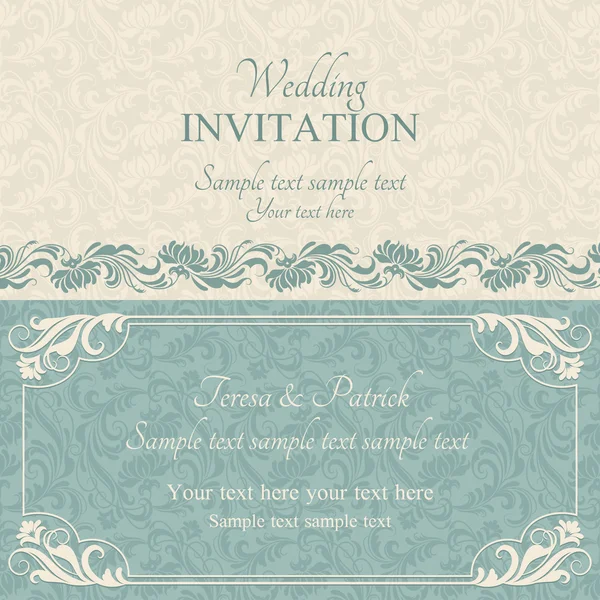 バロック様式の結婚式の招待、青、ベージュ — ストックベクタ