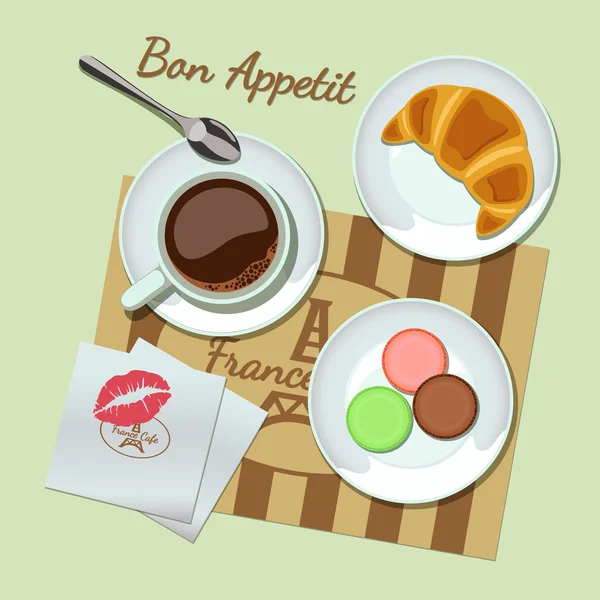 Conjunto de café y aperitivos, vista superior — Vector de stock