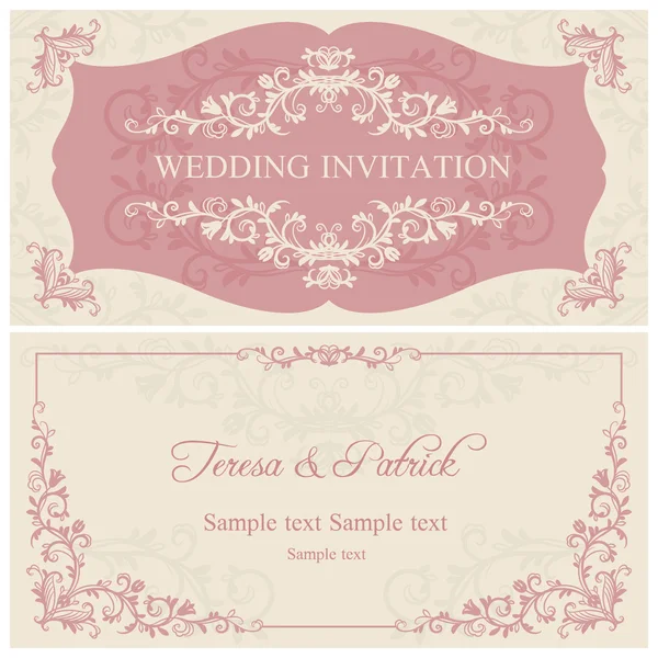 Baroque wedding invitation, pink and beige — Stock Vector