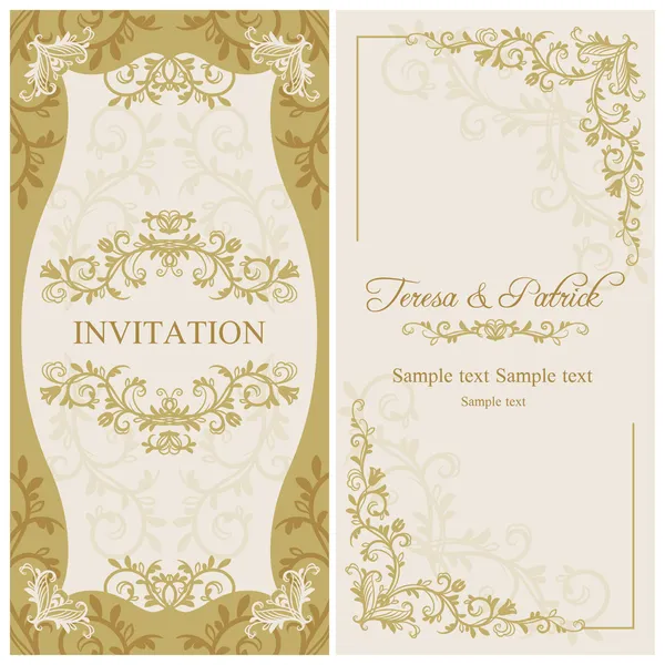 Invitație de nuntă barocă, aur și bej — Vector de stoc