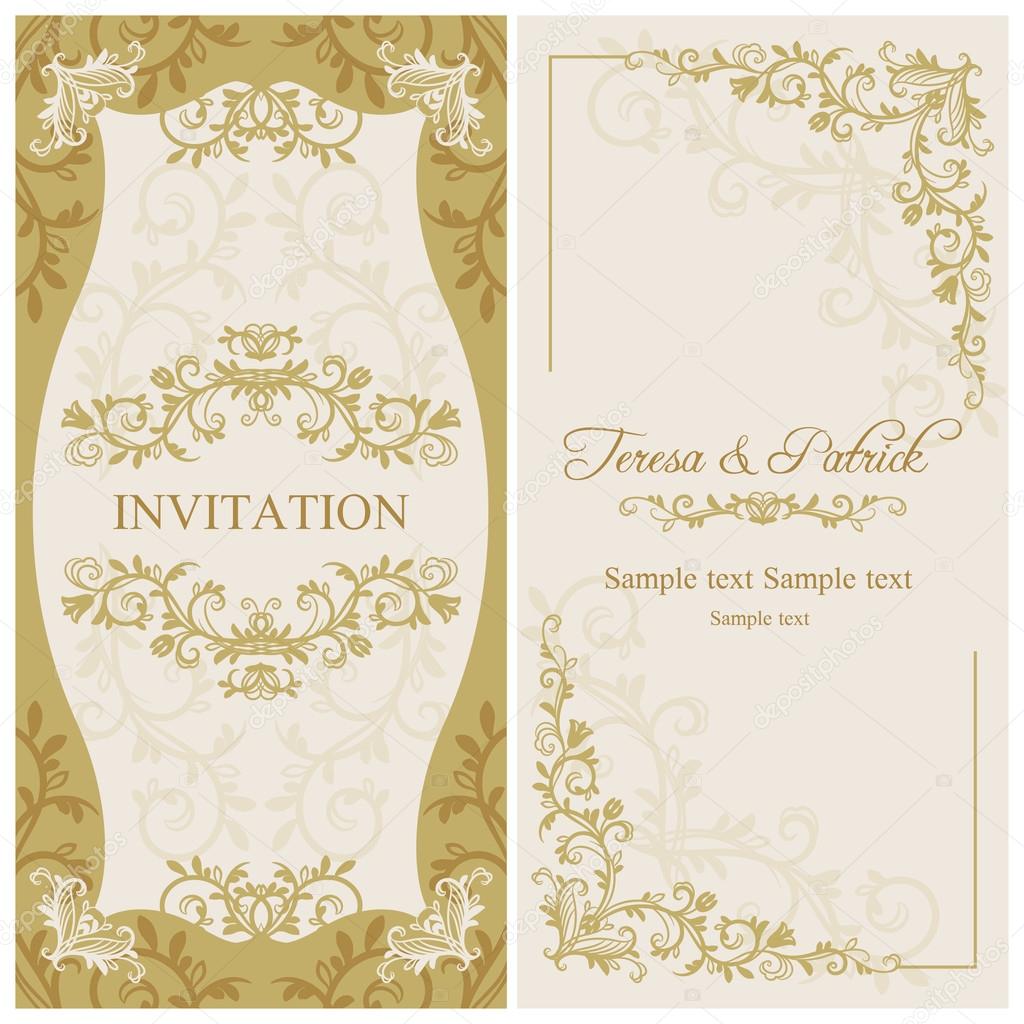Baroque wedding invitation, gold and beige