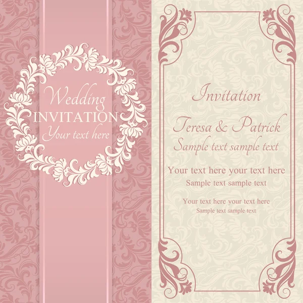 Baroque wedding invitation, pink and beige — Stock Vector