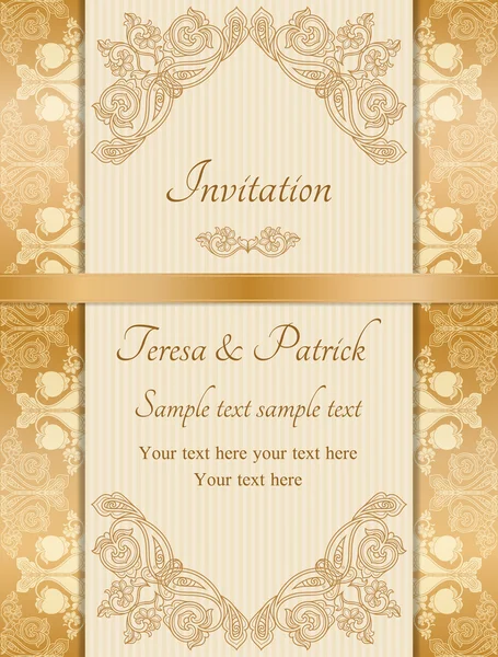 Invitación de boda barroca, oro y beige — Vector de stock