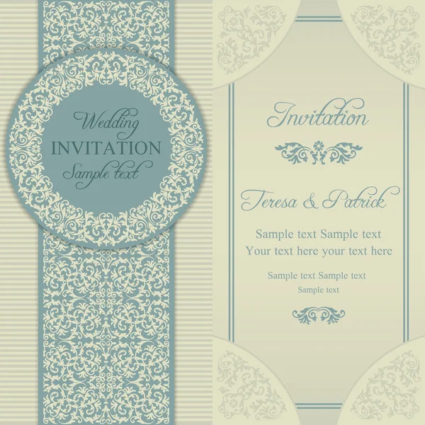 バロック様式の結婚式の招待、青、ベージュ — ストックベクタ
