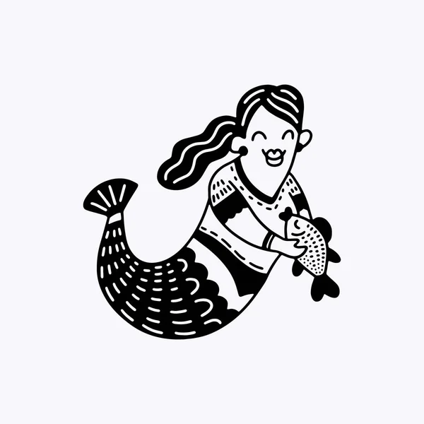 Sirena Divertida Con Pez Sus Manos Estilo Garabatos Tema Marino — Archivo Imágenes Vectoriales