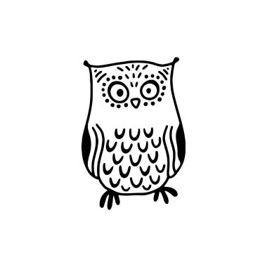 İskandinav tarzında baykuş. Kumaş, poster, kartpostal, duvar kağıdı, çocuk kıyafetleri için yaratıcı orman kuşu. Vektör tek renkli karalama çizimi. Boyama kitabı.