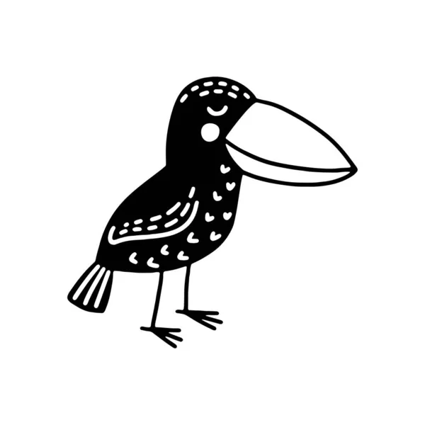 Vector Black White Bird Crow Hand Drawn Scandinavian Style Isolated — Stock Vector