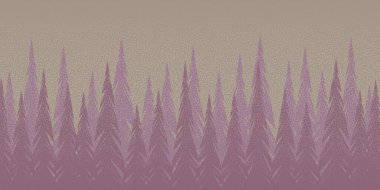 Köknar ağaçları ve pembe ve kırmızı tonlarda ilginç dokusu olan soyut orman arka planı, doğa, manzara. Evergreen kozalaklı ağaçlar. Ağaçların vektör siluetleri.