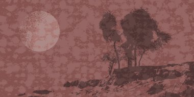 Fuşya desenli, ay ve Tenere Çölü 'nün ağaçlarıyla birlikte fütüristik bir arka plan. Vektör illüstrasyonu.