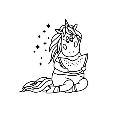 Black and white outline image of a funny cartoon unicorn with a watermelon. Isolated on a white background. Fantastic animal. For textiles, kids party design, prints, posters, stickers, tattoos.Vector vector