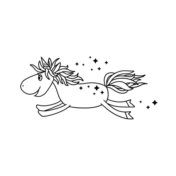 Black White Outline Image Funny Cartoon Unicorn Isolated White Background — Stock Vector