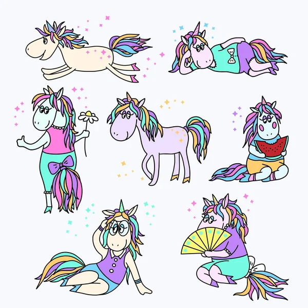Set Color Images Funny Cartoon Unicorns Isolated White Background Fantastic — Stock Vector