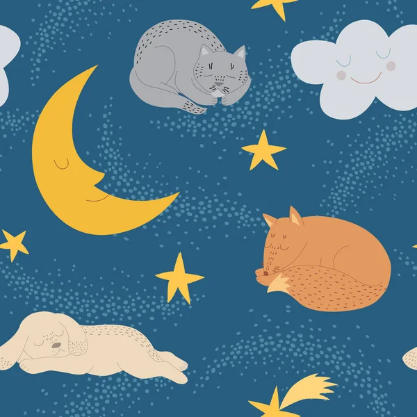 Bezproblémový Dětský Vzor Spícími Lesy Kočkami Psy Mraky Měsícem Hvězdami — Stockový vektor