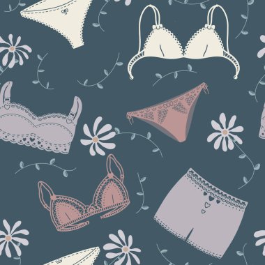 İç çamaşırı desenli. İç çamaşırı koyu mavi arka plan tasarımı. El çizimi tasviri. Sütyen ve külot karalama stili. Moda kadınsı duvar kâğıdı. Seksi iç çamaşırları. Vektör illüstrasyonu.
