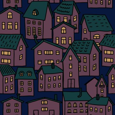 Seamless vector pattern with cartoon burgundy houses in doodle style. Single-storey houses with green roofs. Night city. For postcards, wallpaper, wrapping paper and textiles.