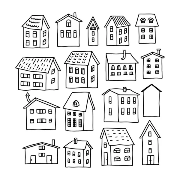 Set Houses Hand Drawn Style Doodles Black Outlines Single Storey — Wektor stockowy