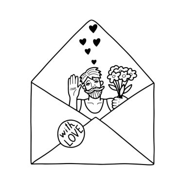 Open envelope, in it man with flowers and hearts. Black silhouette on white background. Love message in the style of doodles. I love you. Element for greeting card, poster, sticker and seasonal design.