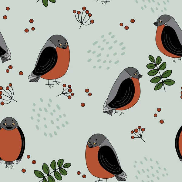 Bullfink Fåglar Ljusgrön Bakgrund Sömlöst Mönster Med Rönnnnlöv Och Bär — Stock vektor