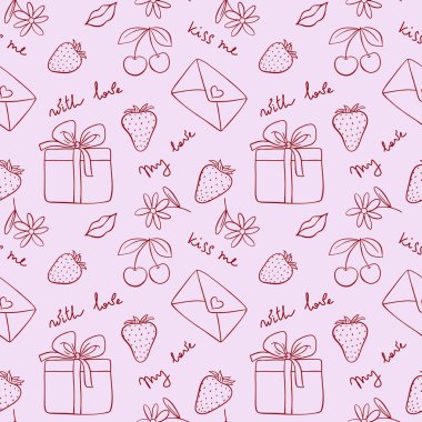 Sevgililer Günü için karalama tarzında kusursuz bir model. Aşk yazıtları, çilekler, mektup, bir kutuda hediye, çiçekler. Tatil kartları, ambalaj kağıtları, duvar kağıtları vs. için pembe arkaplan