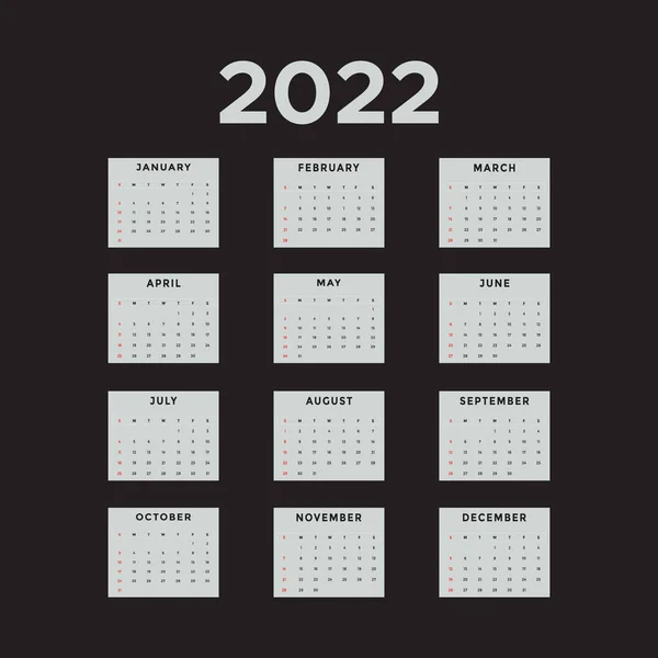 Simple Editable 2022 Calendar Design Dark Color 2022 Calendar Vector — Stock Vector