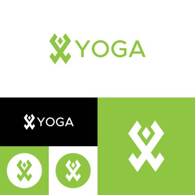 Geometrik yoga logosu. Soyut şekil. Yoga ikonu ve silueti. Vektör çizimi. Yeşil, siyah ve beyaz.