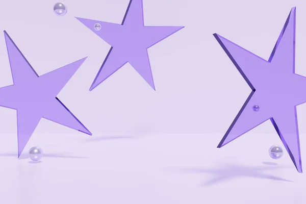 Renderização 3d com esferas voadoras roxas com estrelas de vidro em um fundo roxo pastel — Fotografia de Stock