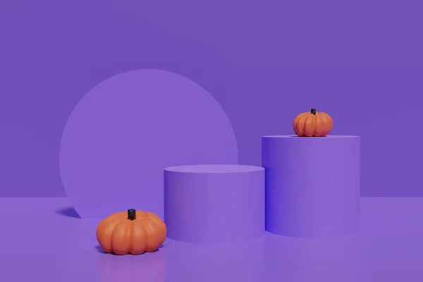 3d renderizado de podios morados con calabazas naranjas sobre un fondo morado para Halloween —  Fotos de Stock