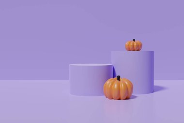 Mor arka planda turuncu balkabaklarıyla 3 boyutlu pastel mor podyum.