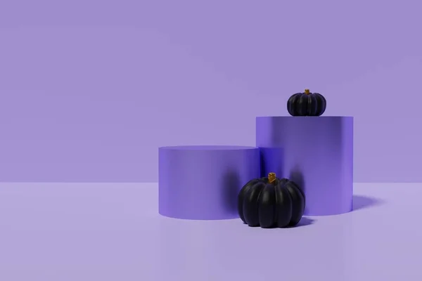 3d renderizado de podios pastel púrpura con calabazas metálicas negras sobre un fondo púrpura —  Fotos de Stock