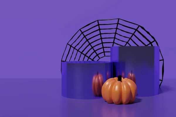 3d render van pastelpaarse podia met oranje metallic pompoenen op een paarse achtergrond met zwart spinnenweb — Stockfoto