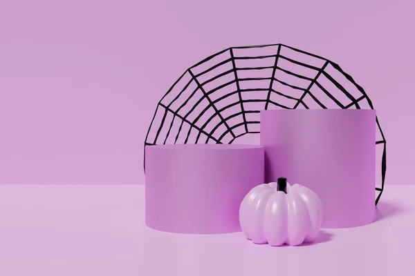 3d renderizado de podios de color rosa pastel con calabazas sobre un fondo rosa con tela de araña negra — Foto de Stock