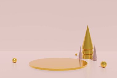 3D altın kürsü ve küreleri mercan pembe arka planda olan altın koni Noel ağaçları.
