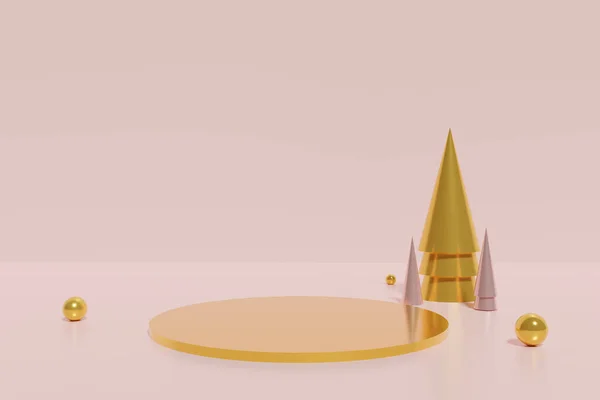 3D vykreslení zlatého pódia a zlatého kužele Vánoční stromky s koulemi na korálově růžovém pozadí — Stock fotografie