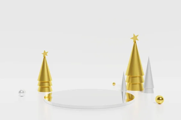 3d render de pódio branco e dourado cone árvores de Natal com esferas sobre um fundo branco — Fotografia de Stock