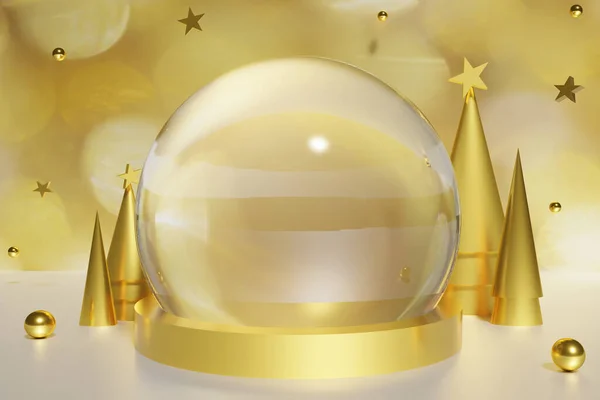 3D-weergave van gouden podium en gouden kegel kerstbomen met ballen en sterren met bokeh achtergrond — Stockfoto