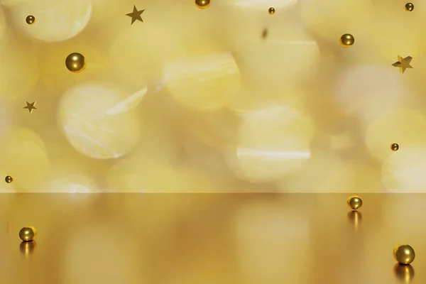 3d renderizado de oro volador bolas de Navidad y estrellas sobre un fondo bokeh de oro —  Fotos de Stock