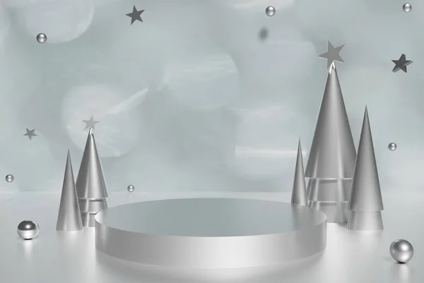 3D-weergave van zilveren podium en kegel kerstbomen met ballen en sterren met bokeh achtergrond — Stockfoto