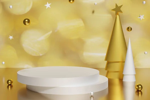 3d weergave van wit podium en gouden kegel kerstbomen met ballen en sterren met bokeh achtergrond — Stockfoto
