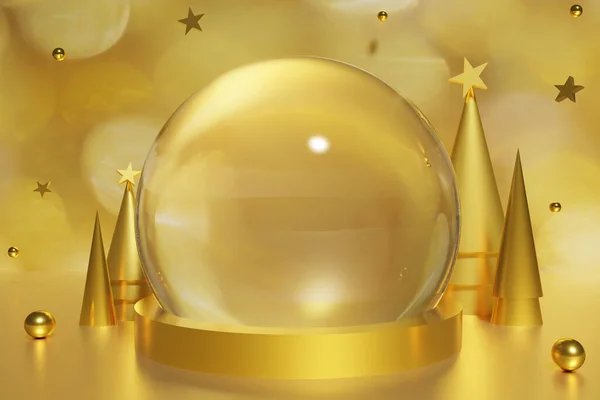 3D-weergave van gouden sneeuwbol en gouden kegel kerstbomen met ballen en sterren met bokeh achtergrond — Stockfoto