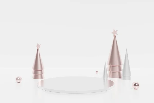 Beyaz podyum ve pembe koni Noel ağaçlarının beyaz arka planda küreleri var.