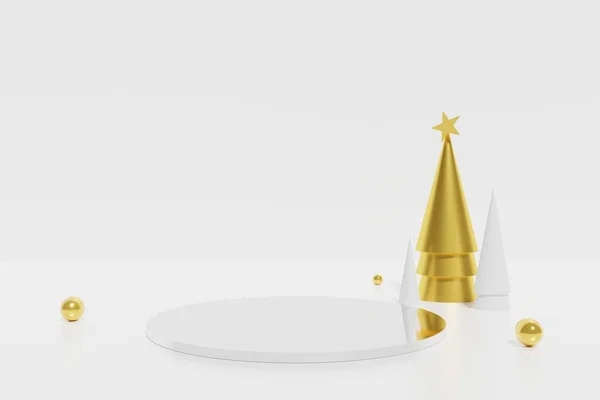 3d render de pódio branco e dourado cone árvores de Natal com esferas sobre um fundo branco — Fotografia de Stock
