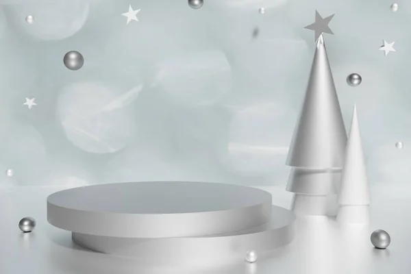 3D-weergave van zilveren podium en kegel kerstbomen met ballen en sterren met bokeh achtergrond — Stockfoto
