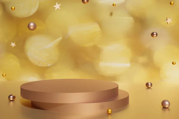 3d render of rose gold podium and flying gold Christmas balls and stars on a golden bokeh background