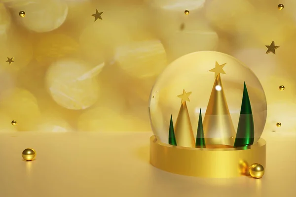 3d renderizado de globo de nieve de oro con árboles de Navidad de cono verde y dorado con bolas y estrellas y fondo bokeh — Foto de Stock