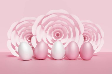 Tek renkli pembe Paskalya yumurtalarının pembe arka planda çiçekli 3D görüntüsü.