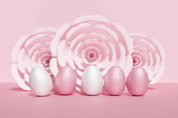 3D renderização de ovos de Páscoa rosa monocromático com flores em um fundo rosa — Fotografia de Stock